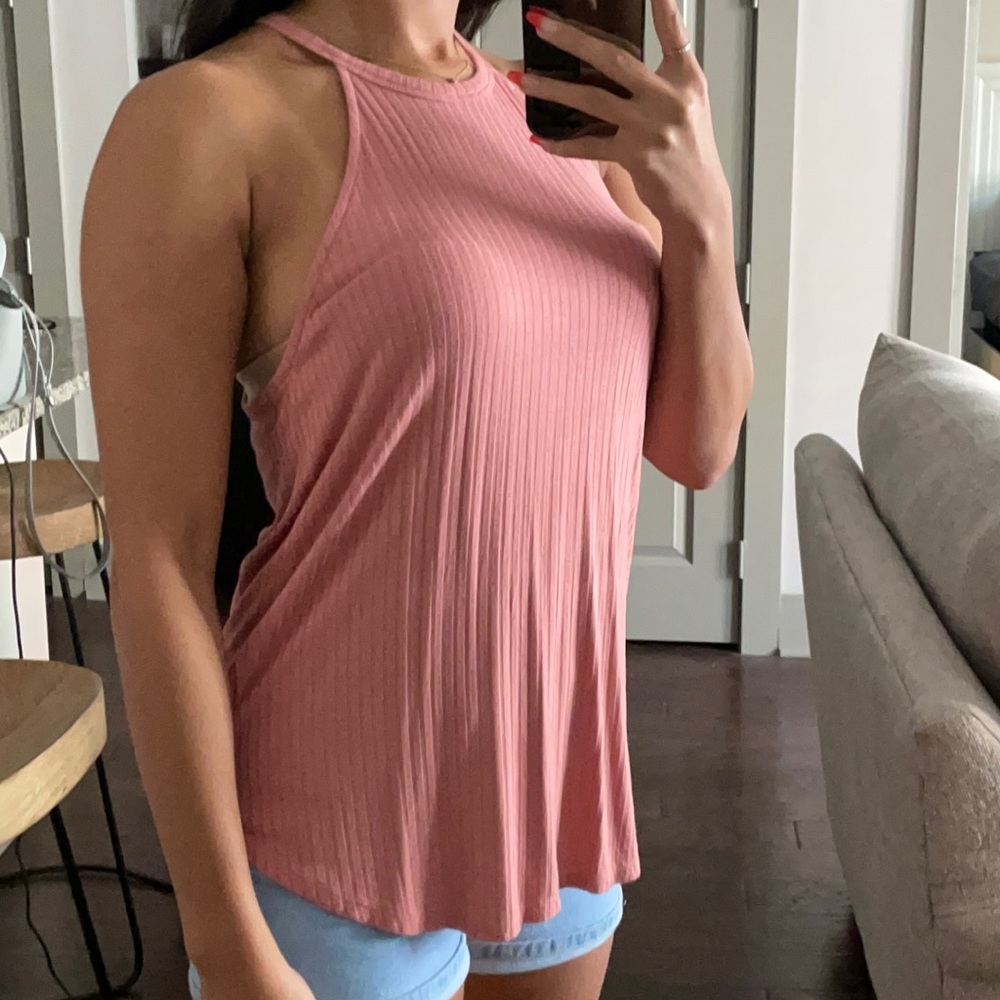 Rosy pink high neck ribbed tank